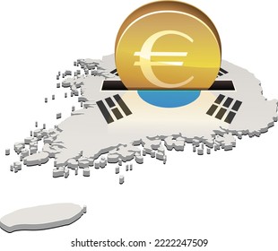 3D map of South Korea in the colors of the South Korean flag with a slot in which a gold coin with the symbol of the European currency Euro is inserted (cut out)
