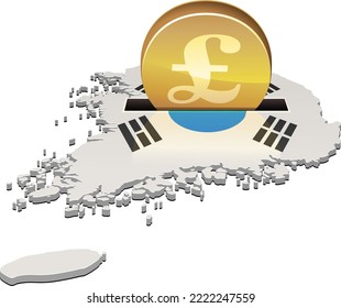 3D map of South Korea in the colors of the South Korean flag with a slot in which a gold coin with the symbol of the British currency is inserted (cut out)