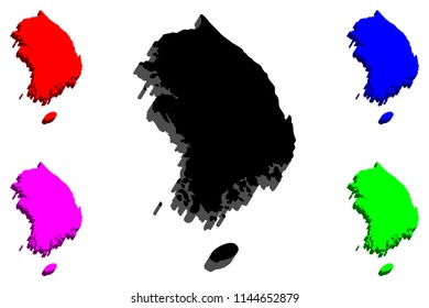 3D map of South Korea (Republic of Korea) -  black, red, purple, blue and green - vector illustration