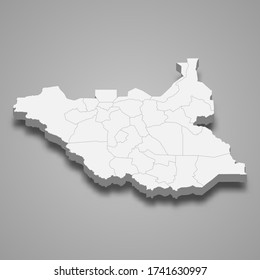3d map of South Sudan with borders of regions