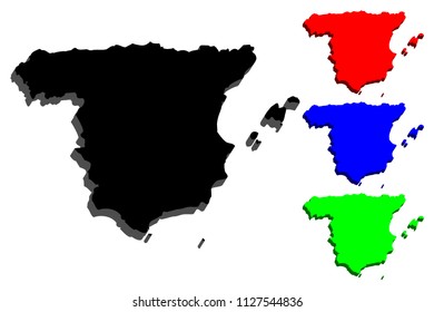 3D map of Spain (Kingdom of Spain) - black, red, blue and green - vector illustration