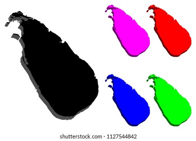 3D map of Sri Lanka (Democratic Socialist Republic of Sri Lanka, Ceylon) - black, red, purple, blue and green - vector illustration