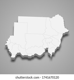 3d map of Sudan with borders of regions