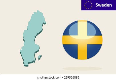 3D Map of Sweden. Vector - Sweden Flag Glossy Button