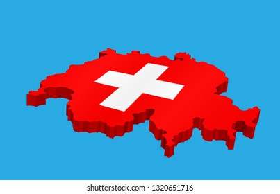 3D Map of Switzerland with Swiss Flag. All the objects, shadows and background are in different layers. 