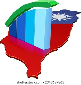 3D map of Taiwan in the colors of the Taiwanese flag on which are laid blue 3D bars of statistics with a green curve upwards (cut out)