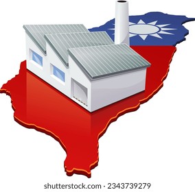 3D map of Taiwan in the colors of the Taiwanese flag on which a production plant is placed (cut out)