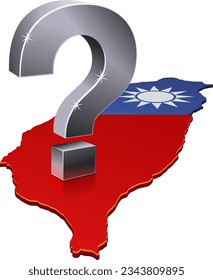 3D map of Taiwan in the colors of the Taiwanese flag on which is placed a metallic question mark (cut out)