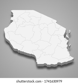 3d map of Tanzania with borders of regions