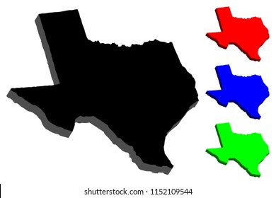 3D map of Texas (United States of America, The Lone Star State) - black, red, blue and green - vector illustration