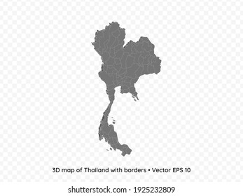Mapa 3D de Tailandia con fronteras aisladas en fondo transparente, ilustración de vectores