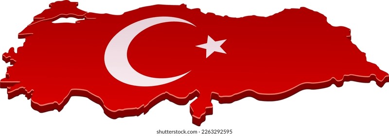 3D map of Turkey in the colors of the Turkish flag with the crescent and the white star on a red background (cut out)