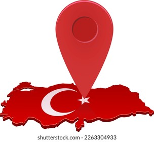 3D-Karte der Türkei in den Farben der türkischen Flagge mit dem Crescent-weißen Stern auf rotem Hintergrund mit geografischer Ortsmarke darauf (ausgeschnitten)
