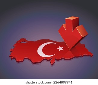 Mapa 3D de Turquía en los colores de la bandera turca con la media luna y la estrella superada por una flecha roja que cae sobre un fondo oscuro