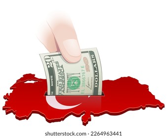 3D map of Turkey in the colors of the Turkish flag with the crescent and the star with a slot in which a 20 dollar bill is inserted by a hand (cut out)