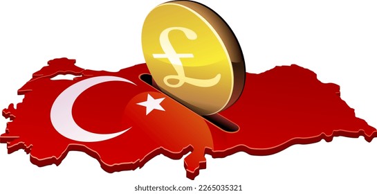 Mapa 3D de Turquía en los colores de la bandera turca con la media luna y la estrella con una estela que deposita una moneda de oro con el símbolo de la libra esterlina (tachado)