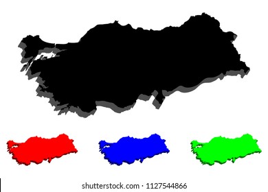 3D map of Turkey (Republic of Turkey) - black, red, blue and green - vector illustration