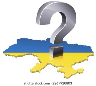 3D-Karte der Ukraine in den blauen und gelben Farben der ukrainischen Flagge mit einem metallischen Fragezeichen darauf (ausgeschnitten)