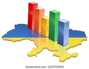 3D map of Ukraine in blue and yellow colors of the Ukrainian flag with multicolored 3D bars of statistics (cut out)