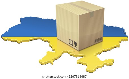 3D-Karte der Ukraine in Blau- und Gelbfarben der ukrainischen Flagge mit auf der Verpackung liegendem Lieferkarton (ausgeschnitten)