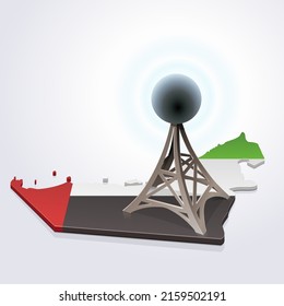 3D map of the united arab emirates map in the colors of the federation flag over which a metallic telecommunication antenna emits waves on a white background