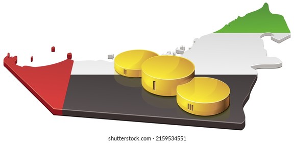 Mapa 3D del mapa de emiratos árabes unidos en los colores de la bandera de la federación con un podio dorado de los tres primeros lugares de una competencia (recortado)