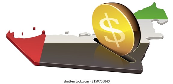 3D Map Of The United Arab Emirates Map In The Colors Of The Federation Flag In Which A Gold Coin With The US Dollar Currency Symbol Is Inserted (cut Out)