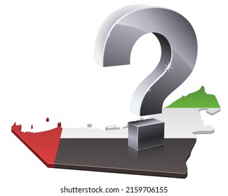 3D map of the united arab emirates map in the colors of the federation flag with a silver metallic question mark on it (cut out)