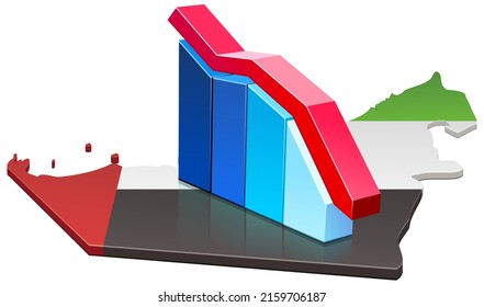 3D map of the united arab emirates map in the colors of the federation flag on which is laid a bar graph with a red downward curve (cut out)