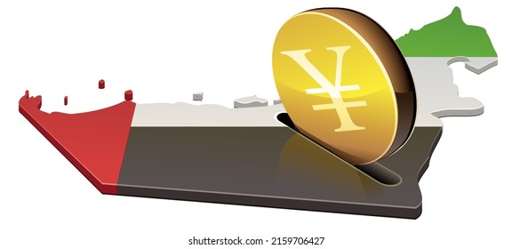 3D map of the united arab emirates map in the colors of the federation flag in which a gold coin with the currency symbol of the yen is inserted into it (cut out)