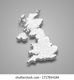 3d map of United Kingdom with borders of regions