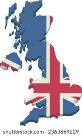 3D map of United Kingdom in British flag colors in cutout flat design style