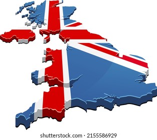 3D map of the United Kingdom in the colors of the British flag (cut out)