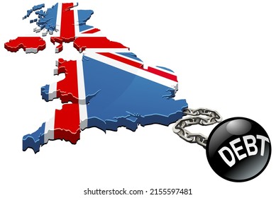 Mapa 3D del Reino Unido en los colores de la bandera británica encadenado a una canonera con la inscripción deuda (cortada)
