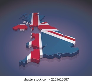 3D map of the United Kingdom in the colors of the British flag (dark background)