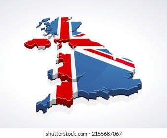 3D map of the United Kingdom in the colors of the British flag (white background)