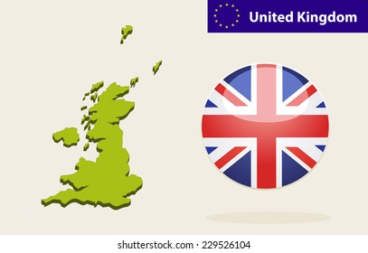 3D Map of United Kingdom. Vector - United Kingdom Flag Glossy Button