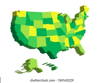 3D map of United States of America, USA, divided into federal states. Vector illustration.
