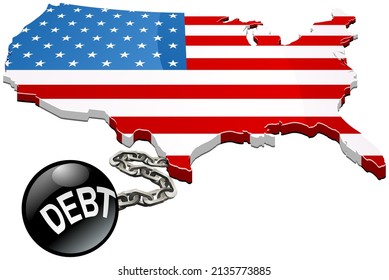 3D Map Of The United States With The American Flag Which Is Attached To A Ball With A Chain On Which Is Written Debt (cut Out)