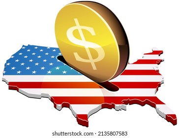 3D Map Of The United States With The American Flag In Which A Coin With The Symbol Of The Dollar Is Inserted Into A Slot Like A Piggy Bank (cut Out)