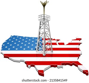 3D map of the United States with the American flag on which there is an oil well from which a geyser of crude oil comes out (cut out)