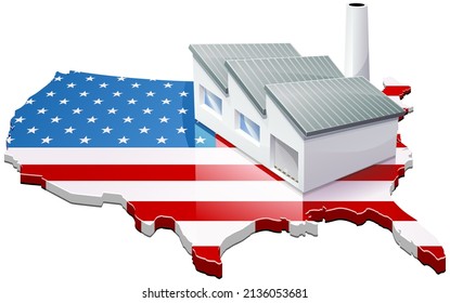 3D map of the United States in the colors of the American flag with a factory on it