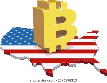 3D map of the United States in the colors of the American flag with the gold bitcoin sign on it (cut out)