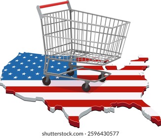 3D map of the United States in the colors of the American flag with a supermarket shopping cart (cut out)
