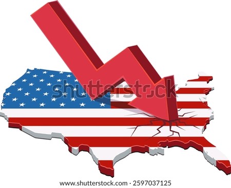 3D map of the United States in the colors of the American flag with a red arrow going down and cracking the map (cut out)