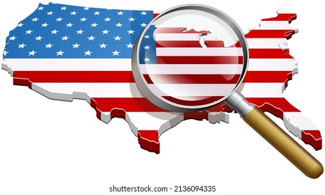 3D map of the united states with a magnifying glass zooming in on part of the territory of the USA (cutout)