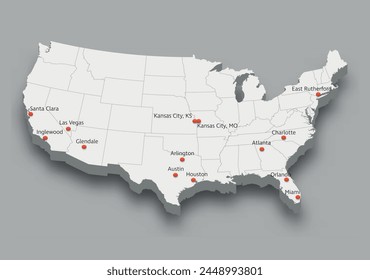 3d map of United States with soccer tournament 2024 host cities