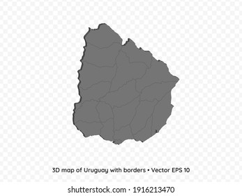 3D map of Uruguay with borders isolated on transparent background, vector eps illustration