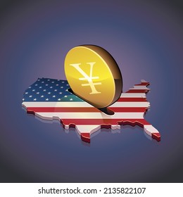 3D map of the USA with the American flag in which a coin with the symbol of the Japanese yen is inserted into a slot like a piggy bank on dark background