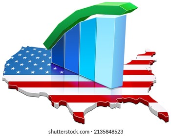 3D map of the USA with the American flag on which there is a graph of rising statistics (cut out)